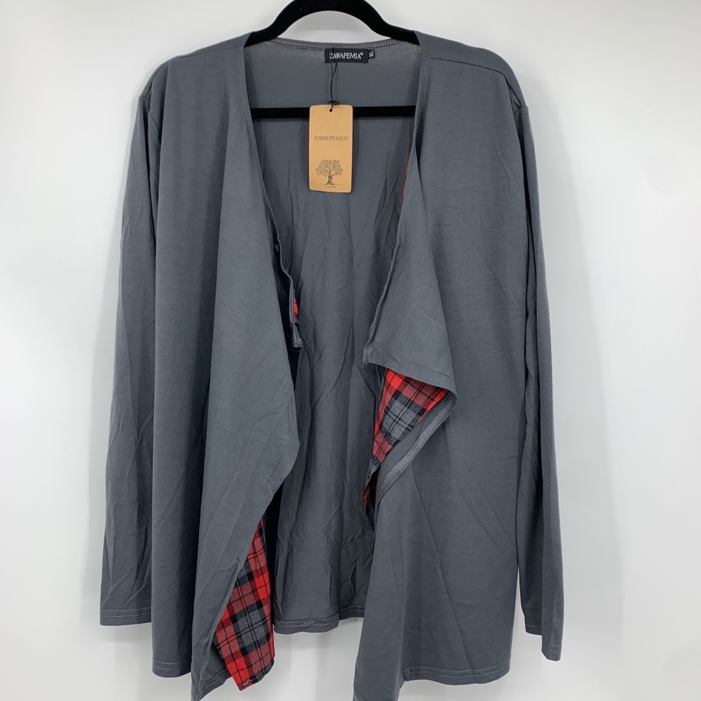 Zawapemia Womens XL Waterfall Jacket Open Front Stretch Red Plaid NEW